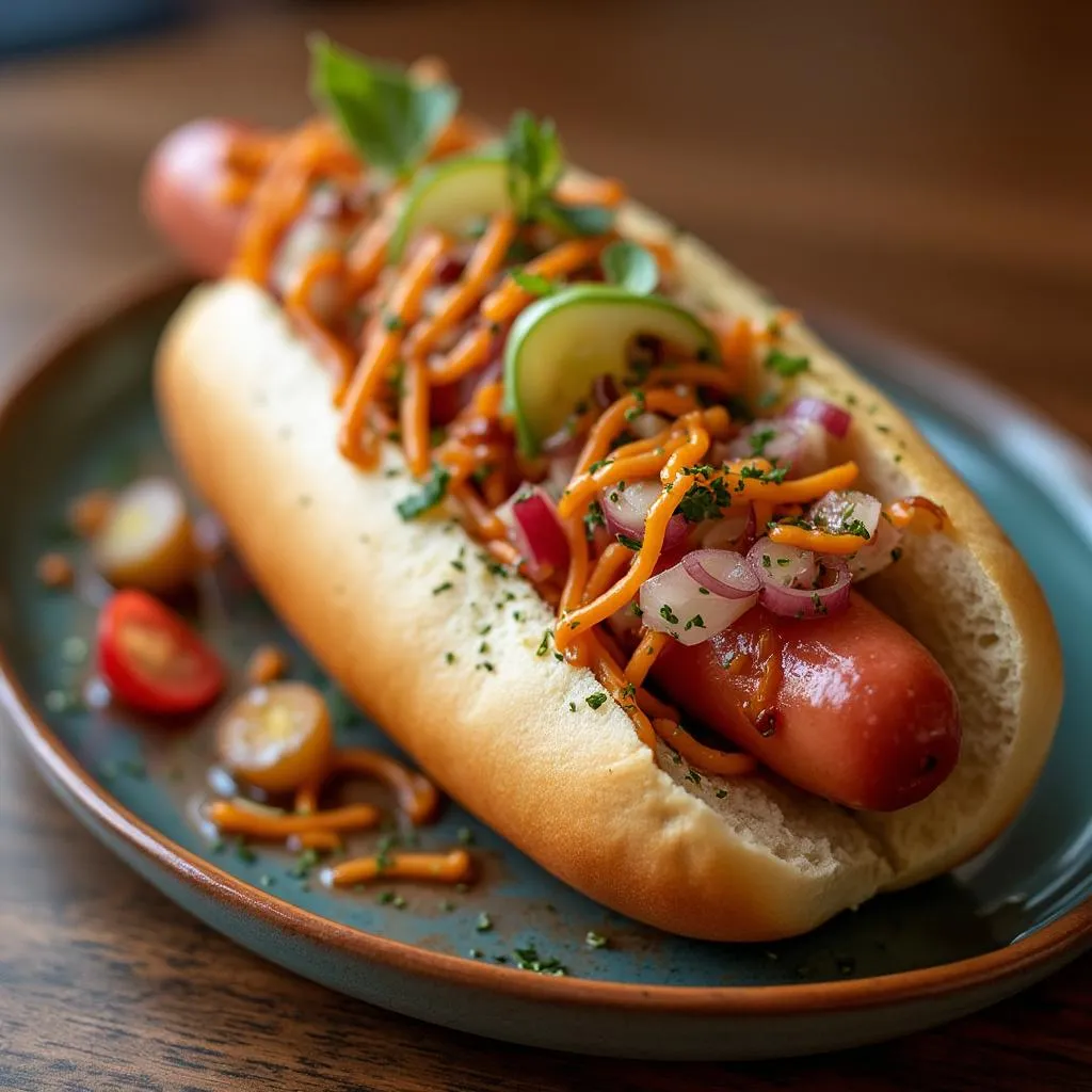 Hot dog gourmet con ingredientes locales